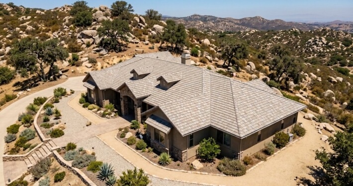 New Class A architectural shingle roof on a hillside home in Alpine, East County San Diego