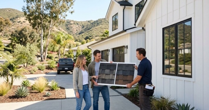 San Diego homeowners comparing shingle color samples with a Diamond Roofing consultant in Carmel Valley