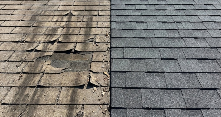 Side-by-side comparison of damaged, worn asphalt shingles with granule loss and curling next to new architectural shingles on a San Diego roof
