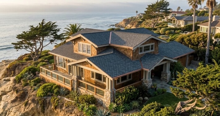 New charcoal architectural shingle roof on a coastal craftsman home overlooking the ocean in La Jolla, San Diego