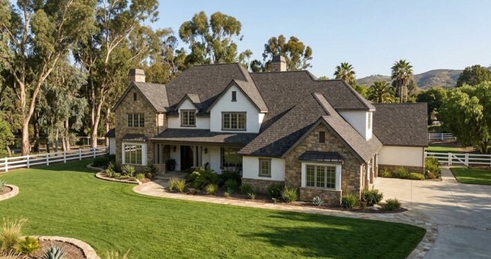 Dimensional architectural shingle roof on a large estate home in Rancho Santa Fe, San Diego County