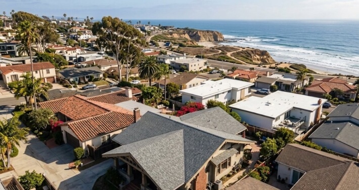 Coastal San Diego neighborhood with asphalt shingle, clay tile and flat roofs near the ocean
