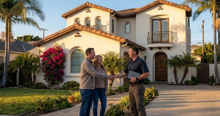 San Diego homeowners meeting their roofing contractor in front of a newly replaced concrete tile roof