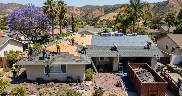 Roofing crew performing a full tear-off and asphalt shingle roof replacement on a San Diego ranch home