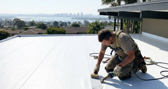 Roofer heat-welding the seams of a white TPO cool flat roof on a San Diego home