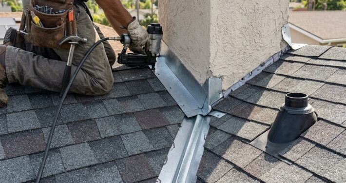 Roofer installing step flashing and valley metal where a shingle roof meets a stucco wall and chimney