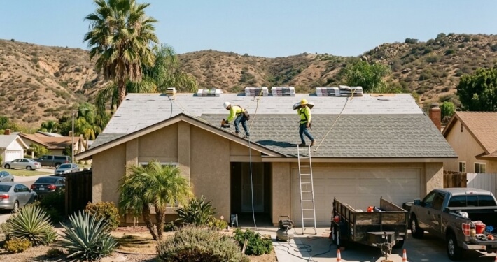 Diamond Roofing crew installing new architectural shingles on a single-story ranch home in San Diego